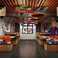 Colorful Japanese Restaurant Interior With Cherry Blossom Decor Red Umbrellas And Wooden Partitions