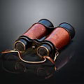 Commercial Binoculars With Leather Cover And Brass Metal Parts On Black Reflective Background
