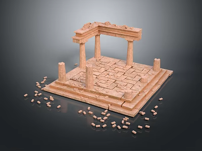 Ancient Ruins Scenery Featuring Stone Columns Brick Base and Scattered Bricks 3d model