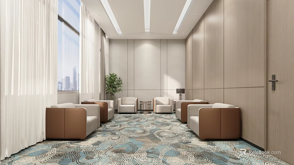Hotel Public Lounge Area With Modern Armchairs Patterned Carpet Indoor Plant And Large Windows 3d model 