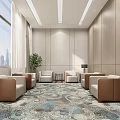 Hotel Public Lounge Area With Modern Armchairs Patterned Carpet Indoor Plant And Large Windows