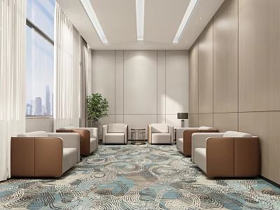 Hotel Public Lounge Area With Modern Armchairs Patterned Carpet Indoor Plant And Large Windows 3d model
