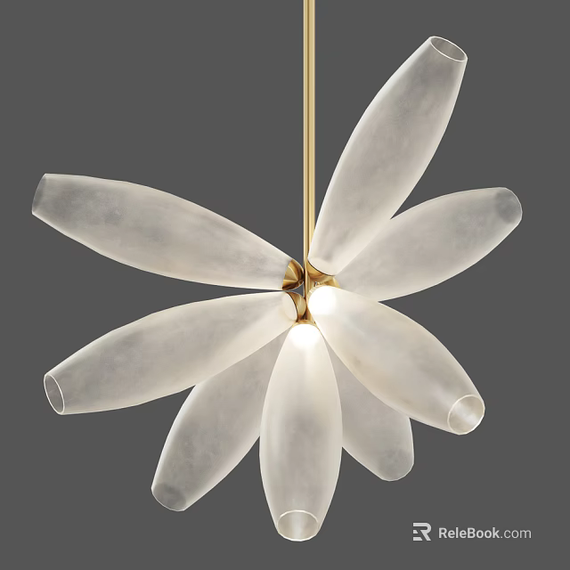 White Petal Shaped Frosted Glass Chandelier With Golden Frame And Central Light 3d model 