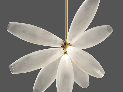 White Petal Shaped Frosted Glass Chandelier With Golden Frame And Central Light 3d model