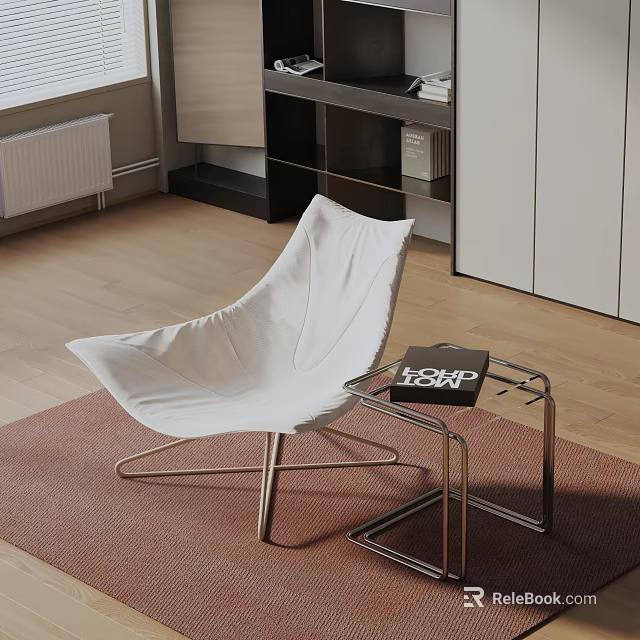White Leisure Chair with Metal Frame and Side Table Holding Home Book on Brown Rug 3d model 
