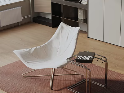 White Leisure Chair with Metal Frame and Side Table Holding Home Book on Brown Rug 3d model