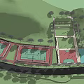Outdoor Sports Fitness Area With Multiple Tennis Basketball Courts And Green Trees