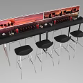 Modern Bar Counter With Black Stools Wine Bottles And Sunset Cityscape Art
