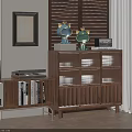 Modern Walnut Wood Sideboard With Glass Door Cabinets Decorative Figurines And Adjacent Bookshelf