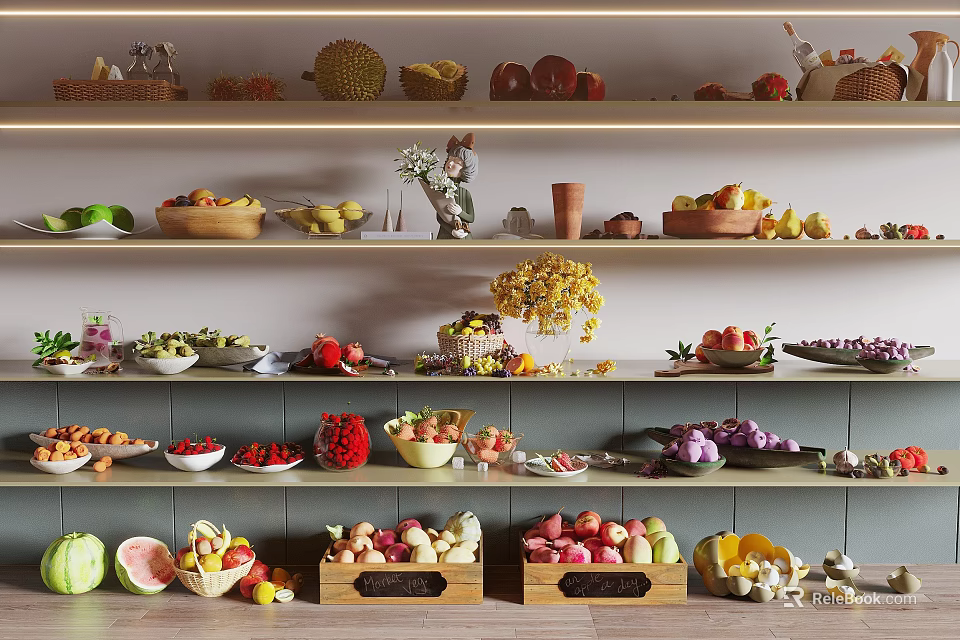 Assorted Fresh Fruits Displayed on Shelves 3d model 
