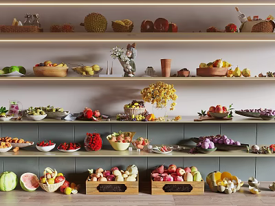 Assorted Fresh Fruits Displayed on Shelves 3d model