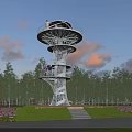 Spiral Observation Tower With White Metal Structure Lush Green Trees And Flower Beds