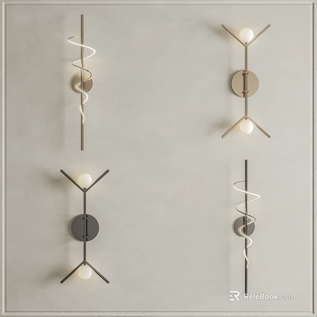 Modern Wall Sconces With Spiral And Geometric Metal Design In Gold Black On Light Wall 3d model 