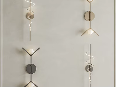 Modern Wall Sconces With Spiral And Geometric Metal Design In Gold Black On Light Wall 3d model
