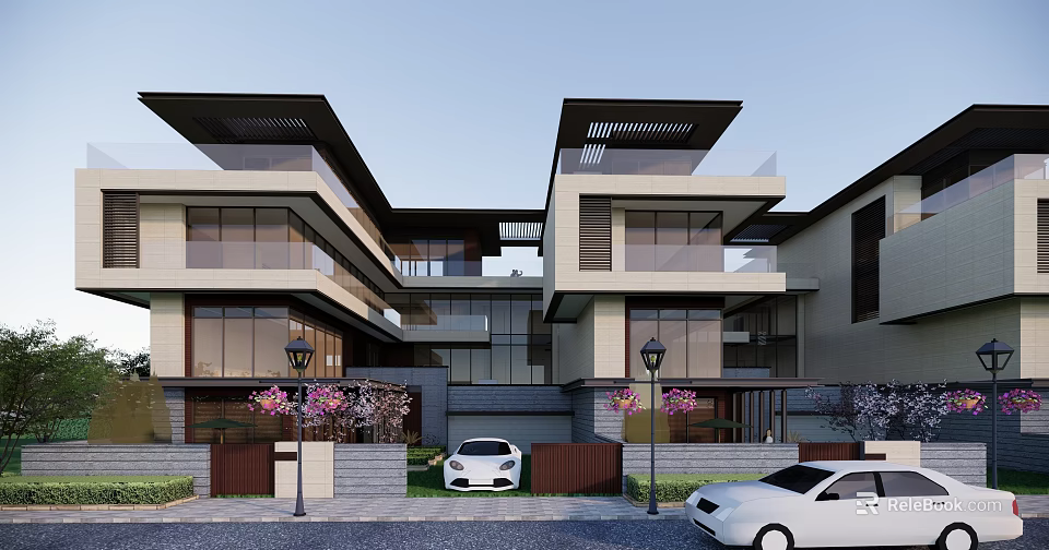 Modern Townhouse Exterior With Large Glass Windows Terraces And Parked Cars 3d model 