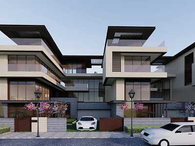 Modern Townhouse Exterior With Large Glass Windows Terraces And Parked Cars 3d model