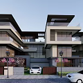 Modern Townhouse Exterior With Large Glass Windows Terraces And Parked Cars