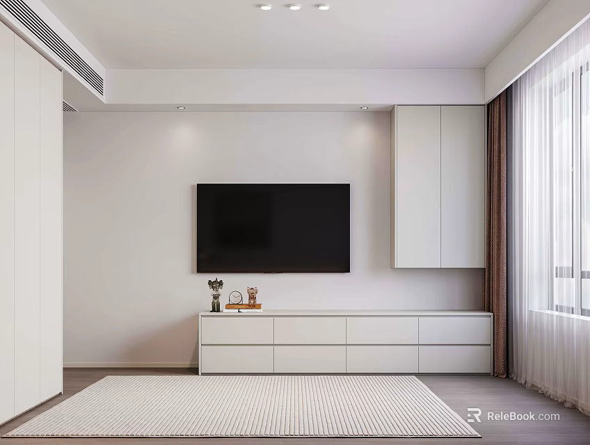 Modern Minimalist White TV Stand With TV Storage Drawers And Light Curtains Interior 3d model 