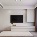 Modern Minimalist White TV Stand With TV Storage Drawers And Light Curtains Interior