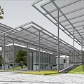 Modern Architecture With Glass Facade And Metal Roof Structure On Lawn Area