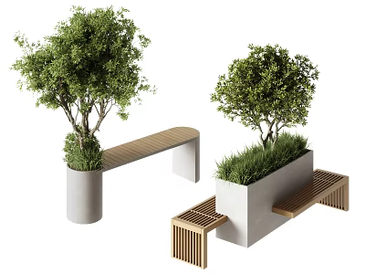 Landscape Seats With Concrete Planters Wooden Benches Trees And Green Plants 3d model