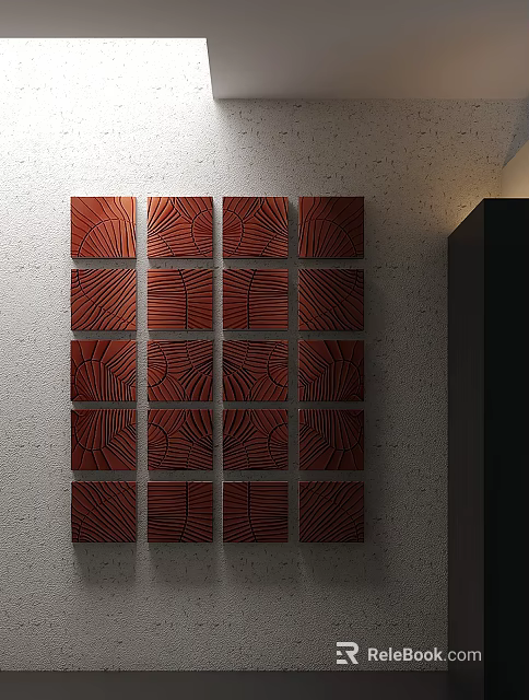 Red Abstract Painting With Square Panels And Linear Textures On Wall 3d model