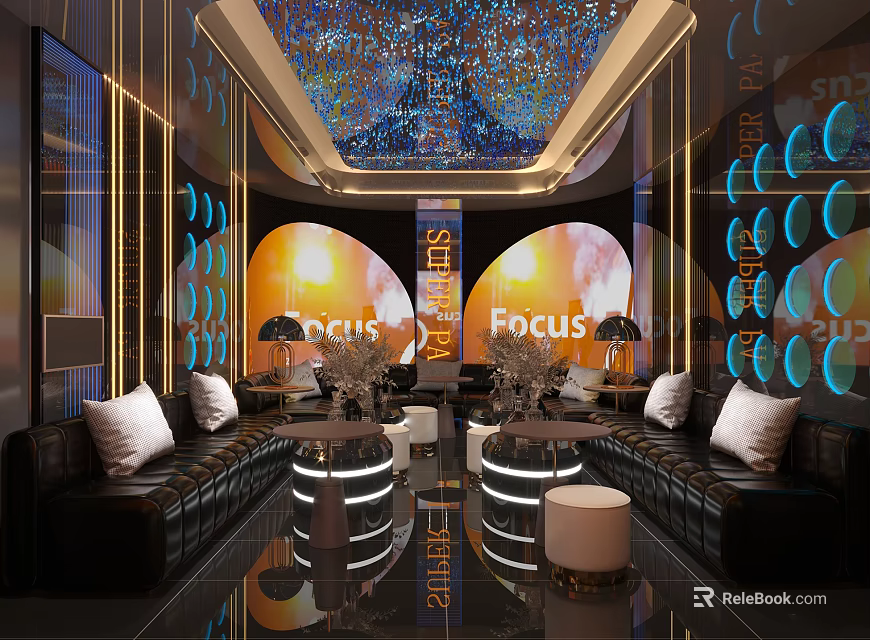 KTV Interior With Starry Ceiling Neon Lights Black Leather Sofas And Round Coffee Tables 3d model 