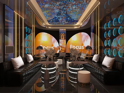 KTV Interior With Starry Ceiling Neon Lights Black Leather Sofas And Round Coffee Tables 3d model