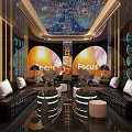KTV Interior With Starry Ceiling Neon Lights Black Leather Sofas And Round Coffee Tables 3d model