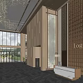 Hotel Lobby Interior With Chandelier Wooden Decorations Large Windows Marble Floor And Reception Desk