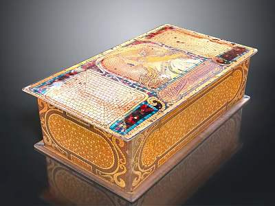 Ornate Golden Decorative Box With Intricate Inlaid Patterns And Colorful Details 3d model