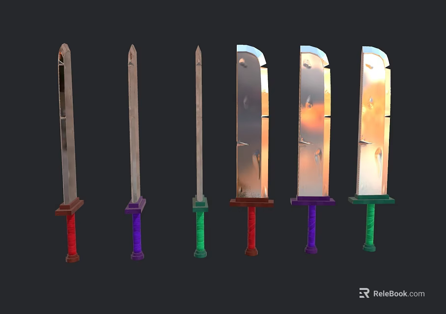 Colorful Handle Swords With Varied Blade Designs And Transparent Sunset Views 3d model 