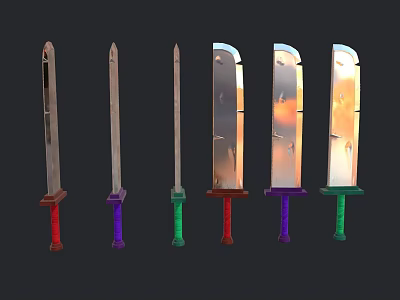 Colorful Handle Swords With Varied Blade Designs And Transparent Sunset Views 3d model