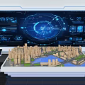 Digital Urban Planning Sand Table With City Models And Blue Holographic Interface