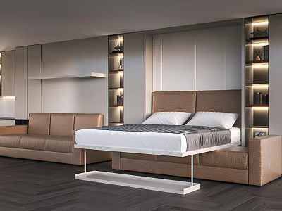 Modern Double Bed With Sleek Design Leather Headboard Storage Cabinets Built-in Lighting And Sofa 3d model