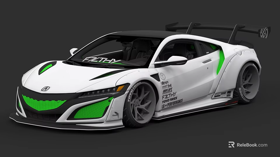 White Sports Car With Green Accents Rear Spoiler And Racing Style Body Decals 3d model 