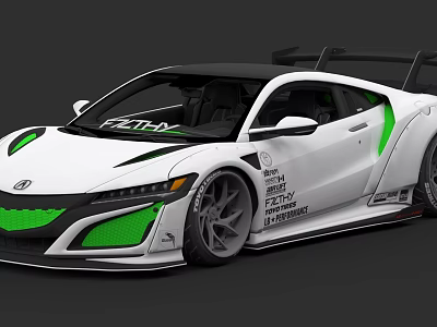 White Sports Car With Green Accents Rear Spoiler And Racing Style Body Decals 3d model