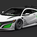 White Sports Car With Green Accents Rear Spoiler And Racing Style Body Decals