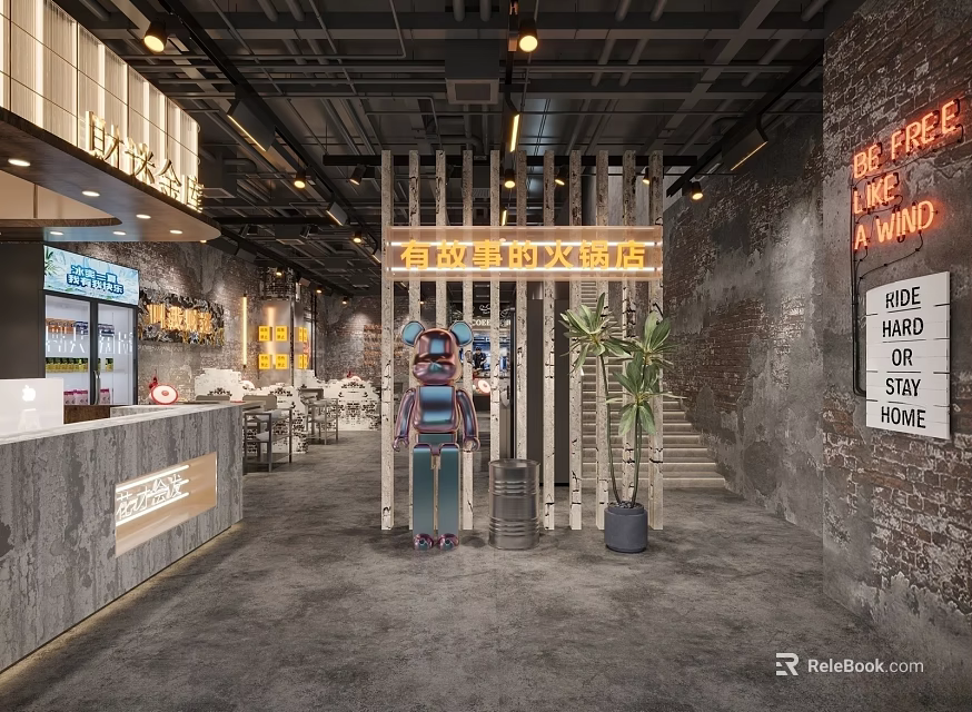Modern Industrial Hotpot Restaurant Interior With Wooden Partition Neon Signs And Seating Area 3d model 