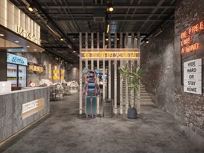 Modern Industrial Hotpot Restaurant Interior With Wooden Partition Neon Signs And Seating Area 3d model