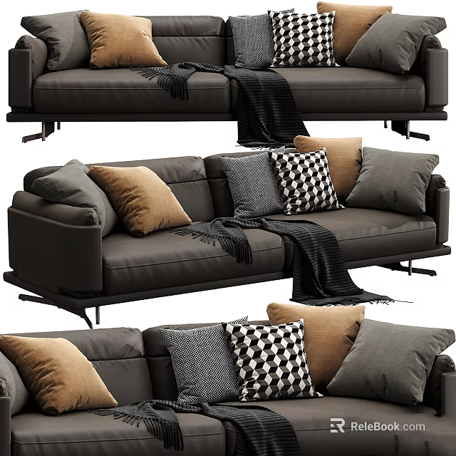 Gray Leather Sofa Interior With Brown Gray Checkered Pillows And Black Throw Blanket 3d model
