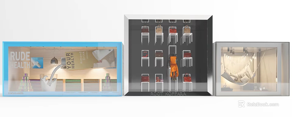 Three Shop Windows Display Chairs Books Lighting With Central Orange Accent Chair 3d model 