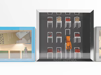 Three Shop Windows Display Chairs Books Lighting With Central Orange Accent Chair 3d model