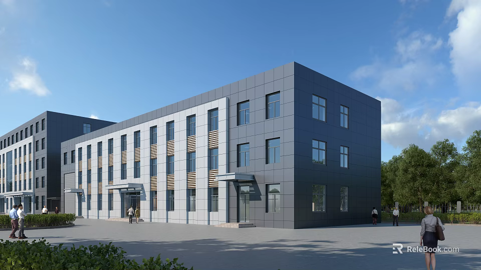 Modern Office Building Exterior Design With Gray Facade Large Glass Windows And Green Landscaping 3d model 