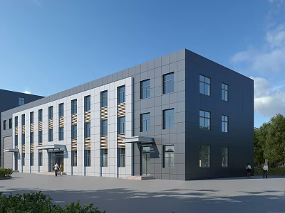 Modern Office Building Exterior Design With Gray Facade Large Glass Windows And Green Landscaping 3d model