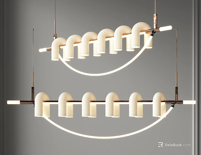 Elegant Modern Chandelier With Curved Metal Frame And Multiple White Shades 3d model 