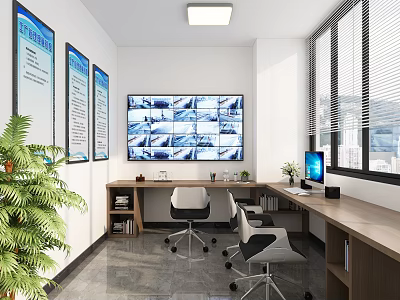 Modern Surveillance Room Interior With Large Monitors Desk Chairs Charts And Potted Plants 3d model