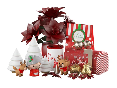 Festive Christmas Decorative Ornament Set with Poinsettia Tree Reindeer and Gift Boxes 3d model