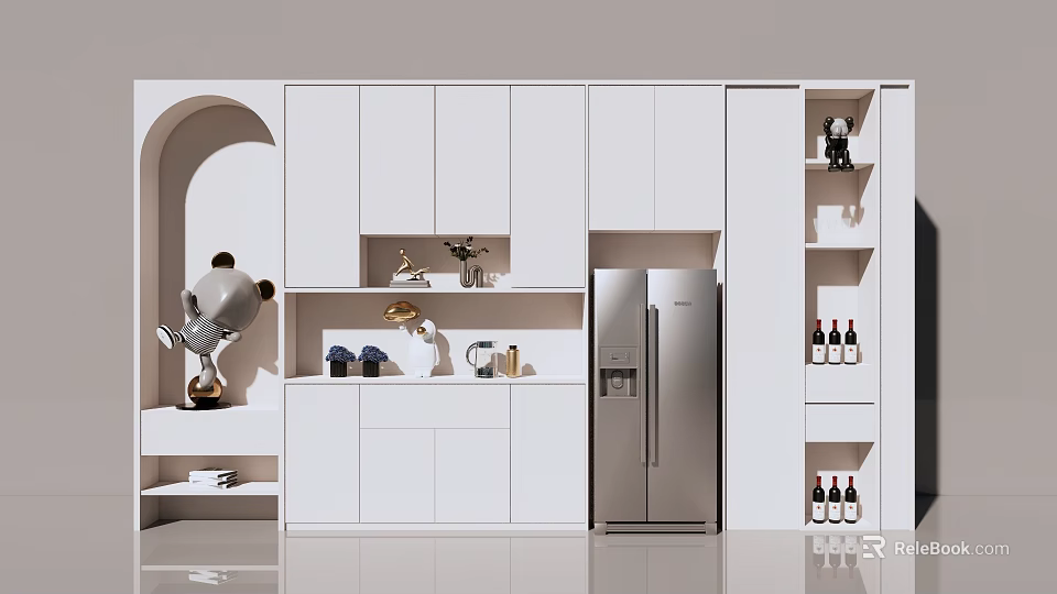 Modern White Wine Cabinet In Kitchen With Refrigerator And Storage Shelves 3d model 
