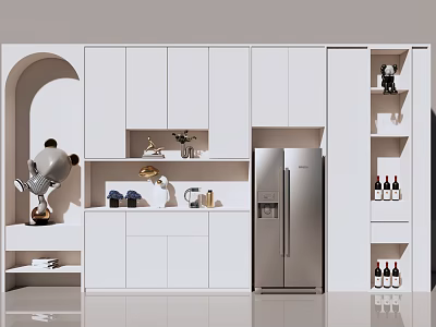 Modern White Wine Cabinet In Kitchen With Refrigerator And Storage Shelves 3d model